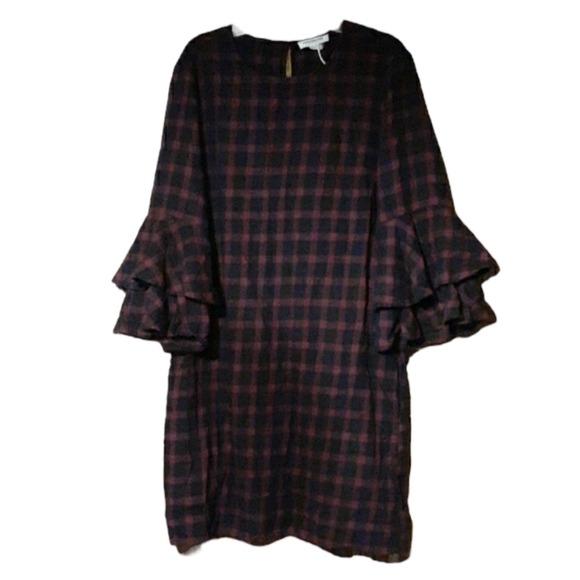 ⭐BEACHLUNCHLOUNGE Red Black Check Dress Ruffle Bell Sleeve Buffalo Cotton Medium - Picture 3 of 10